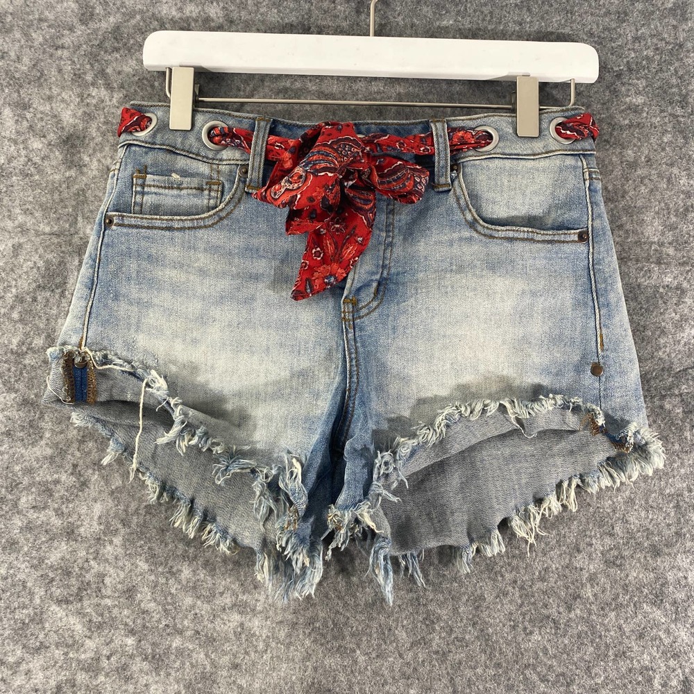 Altar'd State Jean Shorts 26 Blue Denim Cutoff High Rise Scarf Belt Button Fly
